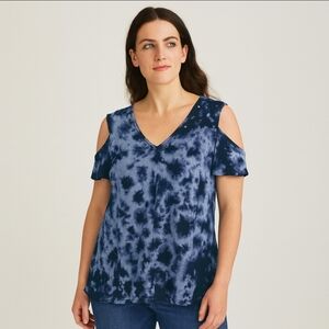 Rock & Republic Blue Tyedye Cold Shoulder Studded Womens Top Sz Med